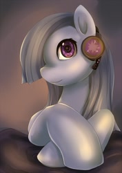 Size: 700x990 | Tagged: safe, artist:bakki, marble pie, earth pony, pony, female, gradient background, headset, looking at you, lying, smiling, solo