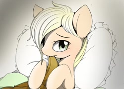 Size: 599x428 | Tagged: safe, artist:skippy_the_moon, applejack, earth pony, pony, bed, cute, hat, jackabetes, looking at you, mouth hold, pillow