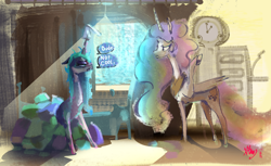 Size: 2682x1641 | Tagged: safe, artist:alumx, princess celestia, queen chrysalis, alicorn, changeling, changeling queen, pony, bed, clock, duo, female, mare, morning ponies, roommates, unamused, waking up