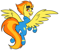 Size: 905x766 | Tagged: safe, artist:egophiliac, derpibooru import, spitfire, pegasus, pony, flying, goggles, happy, simple background, smiling, solo, transparent background, wonderbolts, wonderbolts uniform