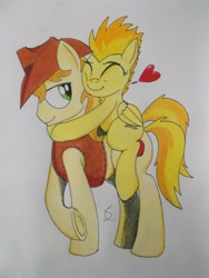 Size: 3216x4288 | Tagged: safe, artist:scribblepwn3, derpibooru import, braeburn, spitfire, crack shipping, female, male, shipping, spitburn, straight, traditional art