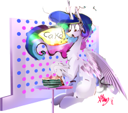 Size: 1825x1623 | Tagged: safe, artist:alumx, princess celestia, alicorn, pony, cake, cakelestia, dialogue, food, happy, open mouth, smiling, solo