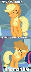 Size: 414x960 | Tagged: safe, screencap, applejack, twilight sparkle, earth pony, pony, tanks for the memories, accent, applejack cries on the inside, crying inside, female, hat tip, image macro, impact font, mare, meme, tips fedora