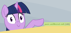 Size: 544x257 | Tagged: safe, derpibooru import, twilight sparkle, 100, derpibooru, derpimilestone, exploitable meme, looking at you, meme, meta, pointing, pure unfiltered evil, solo, spilled milk, tags