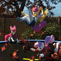 Size: 2000x2000 | Tagged: safe, artist:tahublade7, derpibooru import, apple bloom, scootaloo, sweetie belle, anthro, earth pony, pegasus, plantigrade anthro, unicorn, 3d, barefoot, bouncing, clothes, cute, cutie mark crusaders, daz studio, feet, grin, high res, leaf, leaves, missing shoes, open mouth, overalls, pantyhose, skirt, skirt lift, smiling, socks, spread wings, striped pantyhose, tights, trampoline, tree, wings