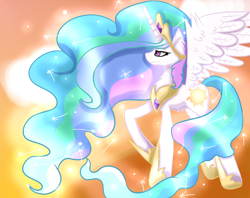 Size: 900x712 | Tagged: safe, artist:samantha062104, princess celestia, alicorn, pony, crown, jewelry, peytral, raised hoof, regalia, solo, spread wings, wings