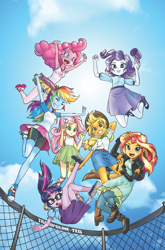 Size: 1186x1800 | Tagged: safe, artist:pencils, edit, editor:rmzero, idw, applejack, fluttershy, pinkie pie, rainbow dash, rarity, sci-twi, sunset shimmer, twilight sparkle, equestria girls, spoiler:comic, armpits, boots, clothes, cloud, comic cover, converse, cute, dress, humane five, humane seven, humane six, jumping, leather, leather boots, march radness, pantyhose, ribbon sandals, shoes, skirt, sky, sneakers, sun, tanktop, tights, trampoline