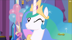 Size: 980x550 | Tagged: safe, screencap, princess celestia, alicorn, pony, celestial advice, discovery family logo, female, mare, one eye closed, solo, wink