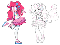 Size: 2136x1591 | Tagged: safe, artist:xenon, derpibooru import, pinkie pie, better together, equestria girls, bow, clothes, cute, diapinkes, open mouth, pantyhose, ponied up, raised leg, sandals, shoes, simple background, skirt, smiling, solo, white background