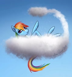 Size: 2048x2166 | Tagged: safe, artist:shanadessaint, derpibooru import, rainbow dash, pegasus, pony, bath, cloud, looking at you, mane, procreate app, rain, rainbow, shower, sky, solo, tail, wash