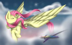 Size: 1024x640 | Tagged: safe, artist:eyesorefortheblind, fluttershy, pegasus, pony, cloud, flying, solo, stars