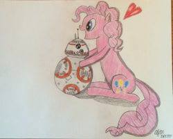 Size: 1024x818 | Tagged: safe, artist:ahsokafan100, pinkie pie, earth pony, pony, astromech droid, bb-8, crossover, cute, droid, heart, signature, smiling, star wars, star wars: the force awakens, traditional art