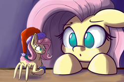 Size: 1280x853 | Tagged: safe, artist:heir-of-rick, fluttershy, monster pony, original species, pegasus, pony, spiderpony, comic:children of everfree, :o, chest fluff, cup, cute, cute little fangs, fangs, female, floppy ears, hat, hoof hold, leg fluff, mare, mug, open mouth, santa hat, self ponidox, shyabetes, smiling, species swap, spidershy, wide eyes