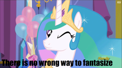 Size: 980x550 | Tagged: safe, edit, screencap, princess celestia, alicorn, pony, celestial advice, balloon, bust, female, lidded eyes, looking at you, mare, one eye closed, smiling, solo, text, there is no wrong way to fantasize, wink