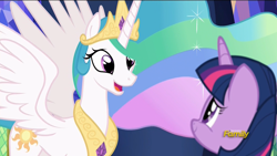 Size: 1920x1080 | Tagged: safe, screencap, princess celestia, twilight sparkle, twilight sparkle (alicorn), alicorn, pony, celestial advice, cute, cutelestia, discovery family logo, happy, spread wings, wings