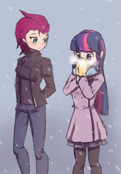 Size: 639x917 | Tagged: safe, artist:patty-plmh, derpibooru import, fizzlepop berrytwist, tempest shadow, twilight sparkle, human, my little pony: the movie, blue hair, blushing, clothes, coat, duo, female, gloves, hands in pockets, humanized, light skin, long hair, multicolored hair, outdoors, pantyhose, pink hair, purple hair, scarf, short hair, skirt, smiling, snow, snowfall, winter