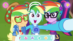 Size: 1280x720 | Tagged: safe, derpibooru import, screencap, applejack, rainbow dash, sci-twi, twilight sparkle, better together, equestria girls, festival filters, geode of telekinesis, magical geodes, rainbow hair, selfie