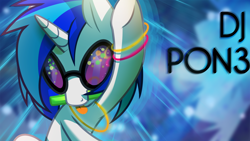 Size: 1920x1080 | Tagged: safe, artist:0verated, artist:wicklesmack, derpibooru import, edit, dj pon-3, vinyl scratch, pony, unicorn, female, glowstick, hooves, horn, mare, mouth hold, solo, sunglasses, text, tongue out, vector, wallpaper, wallpaper edit