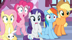 Size: 1920x1080 | Tagged: safe, derpibooru import, screencap, angel bunny, applejack, fluttershy, pinkie pie, rainbow dash, rarity, earth pony, pegasus, pony, unicorn, she's all yak, cute, dashabetes, discovery family logo, jackabetes, out of context, varying degrees of want