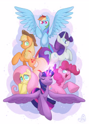 Size: 3508x4961 | Tagged: safe, artist:shanooloo, derpibooru import, applejack, fluttershy, pinkie pie, rainbow dash, rarity, twilight sparkle, twilight sparkle (alicorn), alicorn, earth pony, pegasus, pony, unicorn, cowboy hat, eyes closed, female, glowing horn, hat, horn, mane six, mare, no pupils, open mouth, spread wings, wings