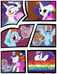 Size: 3500x4500 | Tagged: safe, artist:becauseimpink, derpibooru import, elusive, rainbow blitz, rainbow dash, rarity, pegasus, pony, unicorn, comic:transition, arm behind head, blushing, clothes, comic, crossdressing, dialogue, dress, embarrassed, eyes closed, hug, male, rainbow, raised hoof, rule 63, stallion, transgender, unshorn fetlocks