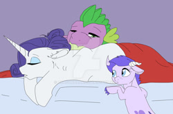 Size: 1024x678 | Tagged: safe, artist:dragondaak, rarity, spike, oc, oc:crystal clarity, dracony, dragon, hybrid, pony, unicorn, cuddling, female, interspecies offspring, male, offspring, parent:rarity, parent:spike, parents:sparity, preggity, pregnant, shipping, sleeping, sparity, straight, watermark