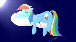 Size: 1920x1080 | Tagged: safe, artist:dashiie, derpibooru import, rainbow dash, pegasus, pony, 1920x1080, cloud, cute, ear fluff, eyes closed, female, mare, moonlight, night, sleeping, solo, starry night, stars