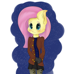 Size: 1158x1248 | Tagged: safe, artist:generallegion, derpibooru import, fluttershy, anthro, blushing, clothes, cute, jacket, mittens, pantyhose, skirt, solo