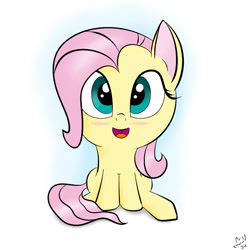 Size: 1024x1024 | Tagged: safe, artist:mremerald34, fluttershy, pegasus, pony, blushing, chibi, sitting, smiling, solo