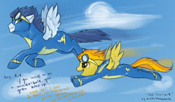 Size: 900x525 | Tagged: safe, artist:autumnalone, derpibooru import, soarin', spitfire, pegasus, pony, clothes, dialogue, female, flying, male, mare, stallion, uniform, wonderbolts uniform