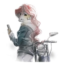 Size: 759x815 | Tagged: safe, artist:5mmumm5, sunset shimmer, equestria girls, cellphone, clothes, female, jacket, leather jacket, motorcycle, phone, simple background, solo, white background