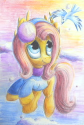 Size: 1000x1480 | Tagged: safe, artist:camyllea, fluttershy, bird, pegasus, pony, earmuffs, solo, traditional art