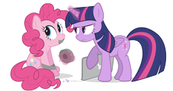Size: 1140x600 | Tagged: safe, artist:dm29, derpibooru import, pinkie pie, twilight sparkle, twilight sparkle (alicorn), alicorn, earth pony, pony, apple (company), computer, duct tape, duo, female, frown, gag, glare, laptop computer, looking away, magic, mare, parody, simple background, sitting, tape gag, telekinesis, that's enough internet for today, transparent background, twilight is not amused, unamused