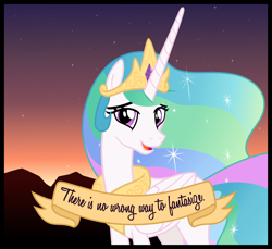 Size: 1080x989 | Tagged: safe, artist:cheezedoodle96, princess celestia, alicorn, pony, celestial advice, .svg available, dawn, female, looking at you, mare, mountain, mountain range, old banner, positive ponies, quote, solo, stars, svg, there is no wrong way to fantasize, vector