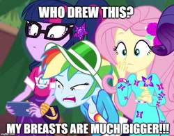 Size: 637x500 | Tagged: safe, derpibooru import, edit, edited screencap, screencap, fluttershy, rainbow dash, rarity, sci-twi, twilight sparkle, better together, equestria girls, festival filters, caption, cropped, disgusted, geode of fauna, geode of telekinesis, image macro, implied breasts, implied discord, magical geodes, meme, offscreen character, text