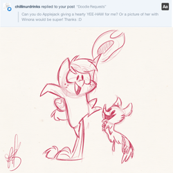 Size: 2000x2000 | Tagged: safe, artist:fluttershythekind, applejack, winona, earth pony, pony, monochrome, sketch