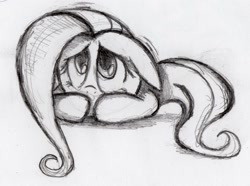 Size: 1481x1102 | Tagged: safe, artist:otto720, fluttershy, pegasus, pony, floppy ears, lying, monochrome, pencil drawing, scared, solo, traditional art