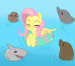 Size: 900x800 | Tagged: safe, artist:glacierclear edits, artist:krazykari, edit, fluttershy, dolphin, otter, pegasus, pony, seal, shark, this isn't as bad as it looks, water