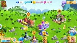 Size: 1136x640 | Tagged: source needed, safe, applejack, earth pony, pony, applejack's hat, canterlot, castle, female, game, gameloft, grass, mare, rearing, rock, solo, text, train, train station, tree, twilight's castle, windmill