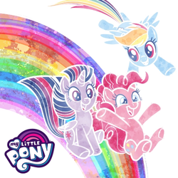 Size: 500x500 | Tagged: safe, derpibooru import, pinkie pie, rainbow dash, twilight sparkle, twilight sparkle (alicorn), alicorn, earth pony, pegasus, pony, rainbow roadtrip, flying, logo, official, official artwork, rainbow, typical three