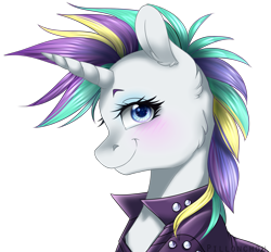 Size: 3114x2893 | Tagged: safe, artist:pillonchou, rarity, pony, unicorn, it isn't the mane thing about you, alternate hairstyle, blushing, clothes, cute, eyeshadow, female, looking at you, makeup, mare, punk, raribetes, raripunk, short hair, simple background, smiling, solo, transparent background