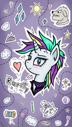 Size: 720x1280 | Tagged: safe, artist:wellfugzee, rarity, pony, unicorn, alternate hairstyle, blushing, bust, chest fluff, drawing, female, mare, phone wallpaper, punk, raripunk, smiling, solo