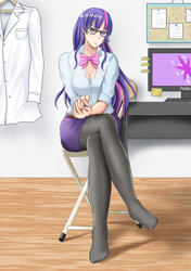 Size: 839x1191 | Tagged: safe, artist:タツオ, twilight sparkle, human, bowtie, clothes, crossed legs, female, glasses, humanized, kotobukiya, lab coat, looking at you, missing shoes, monitor, solo, stockings, thigh highs