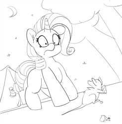 Size: 5000x5074 | Tagged: safe, artist:pabbley, rarity, mouse, pony, unicorn, 30 minute art challenge, absurd resolution, camping, cheese, female, food, frown, mare, monochrome, scared, tent, wide eyes