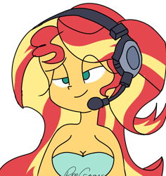 Size: 1132x1200 | Tagged: source needed, safe, artist:treble clefé, sunset shimmer, human, equestria girls, breasts, gamer sunset, headphones, headset, simple background, smugset shimmer, solo, sunset jiggler, transparent background, writing