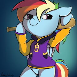 Size: 5000x5000 | Tagged: safe, artist:rainyvisualz, derpibooru import, rainbow dash, pegasus, pony, :3, a hat in time, baseball bat, bipedal, bottomless, clothes, crotch, featureless crotch, female, gradient background, jacket, mare, partial nudity, smug, solo