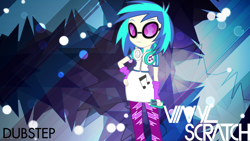 Size: 2560x1440 | Tagged: safe, artist:adrianimpalamata, artist:game-beatx14, artist:vaux111, derpibooru import, dj pon-3, vinyl scratch, equestria girls, music to my ears, glasses, headphones, logo, mp3 player, solo, vector, wallpaper