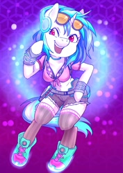 Size: 1200x1694 | Tagged: safe, artist:hobilo, dj pon-3, vinyl scratch, pony, semi-anthro, unicorn, breasts, chestbreasts, clothes, female, front knot midriff, glasses, headphones, mare, midriff, shoes, shorts, socks, solo, sunglasses, thigh highs