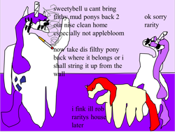 Size: 1504x1141 | Tagged: safe, artist:jacobfoolson, apple bloom, rarity, sweetie belle, pony, unicorn, 1000 hours in ms paint, abuse, applebuse, insult, mud pony