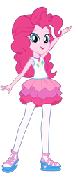 Size: 3453x8192 | Tagged: safe, derpibooru import, pinkie pie, human, better together, equestria girls, absurd resolution, clothes, cute, female, geode of sugar bombs, hasbro, leggings, looking at you, official, pantyhose, pose, sandals, shoes, simple background, skirt, smiling, solo, transparent background, vector